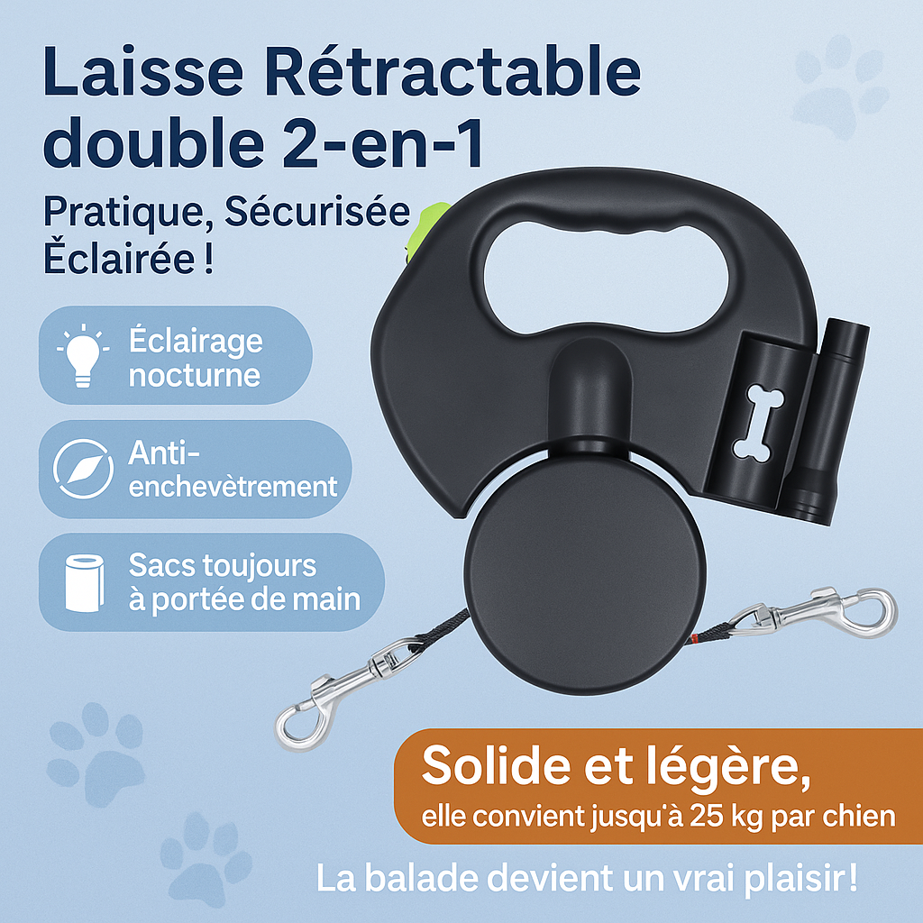 Laisse Rétractable Double pour Chien avec Lampe LED