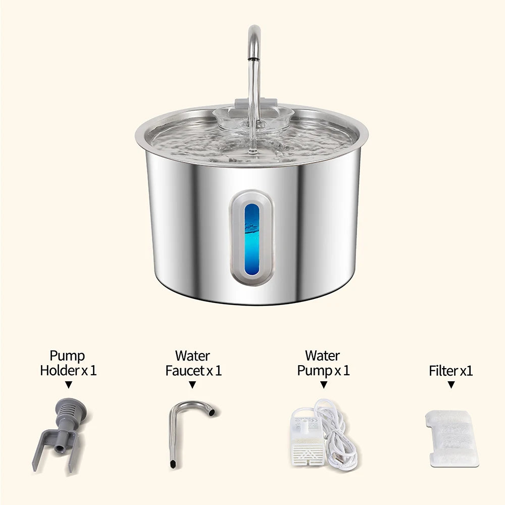 Fontaine à Eau Inox 2,2 L pour Chats & Chiens Silencieuse & Filtrante