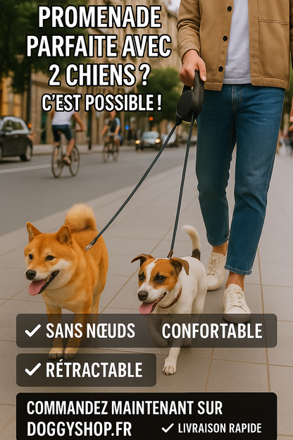 Laisse Rétractable Double pour Chien avec Lampe LED