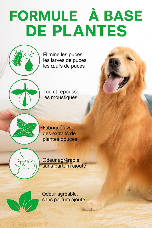 Spray Végétal Puissant 
Élimine Puces, Tiques et Moustiques Pour Chats et Chiens