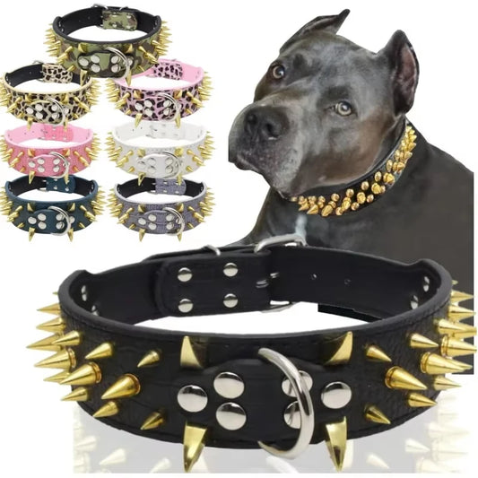 Collier & Laisse à Pointes en Cuir Riveté