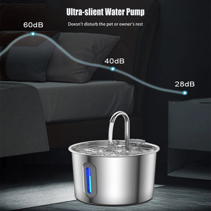 Fontaine à Eau Inox 2,2 L pour Chats & Chiens Silencieuse & Filtrante