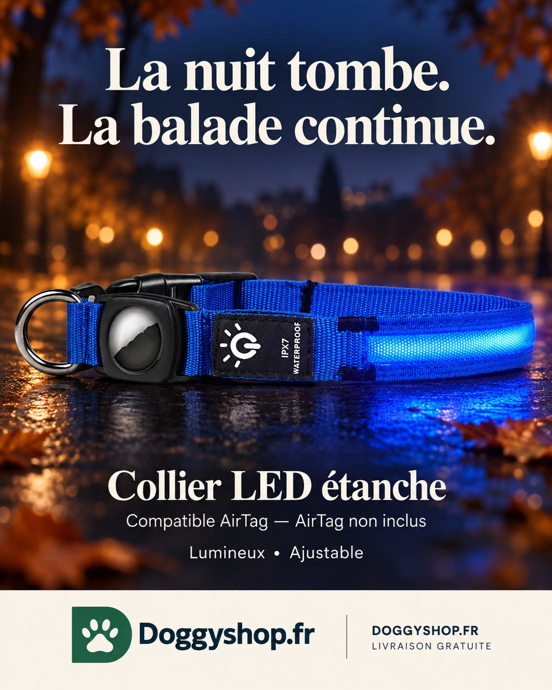 Collier LED bleu lumineux présenté dans la publication La nuit tombe, la balade continue.