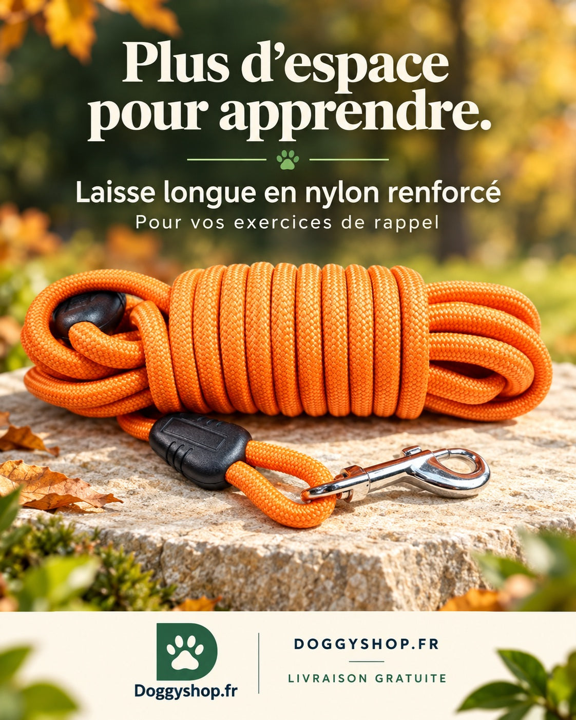 Laisse longue orange présentée dans la publication Plus d’espace pour apprendre.