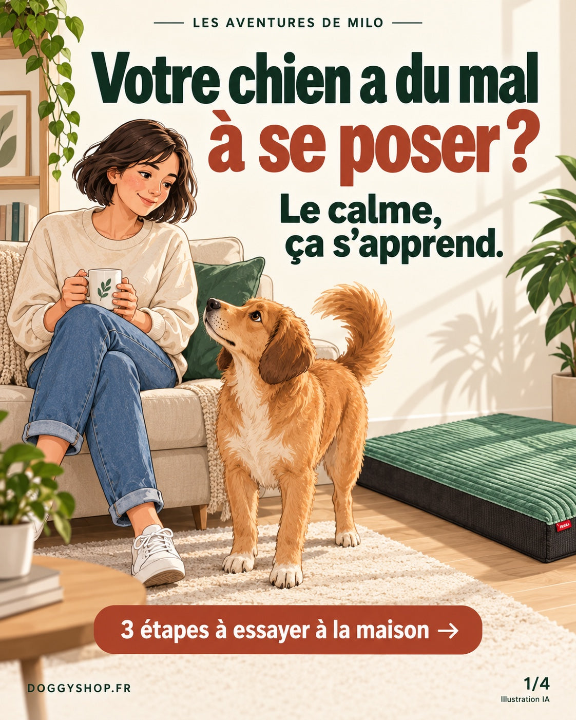 Illustration de Milo et de son humaine, avec le titre Votre chien a du mal à se poser ?